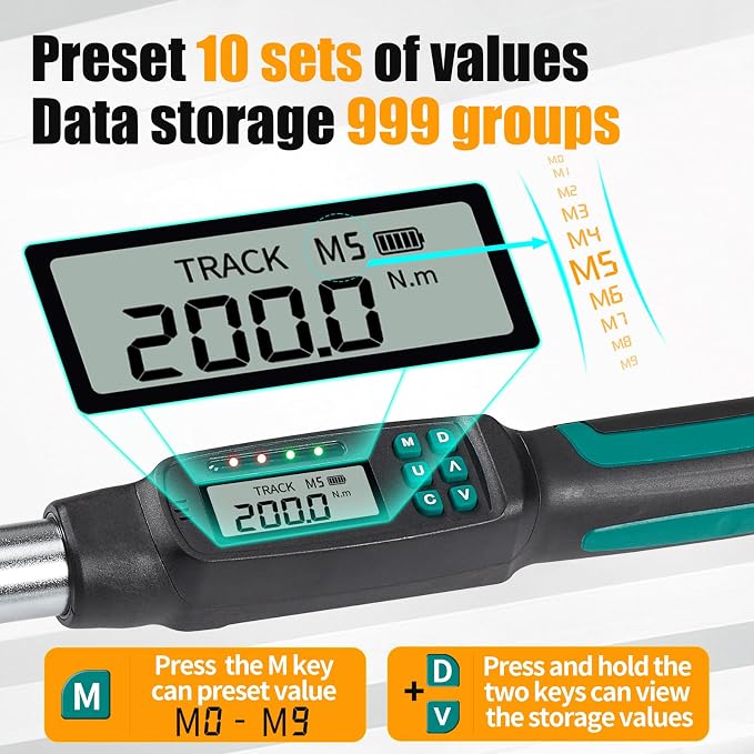 1/2" Digital Torque Wrench 4.4-147.5 ft-lb/6-200 Nm, ±2% Accuracy, LED & Buzzer Alerts, 4 Units, Industrial CR-V Steel, Calibration Report & Protective Case for Car, Motorcycle, Bike Repair