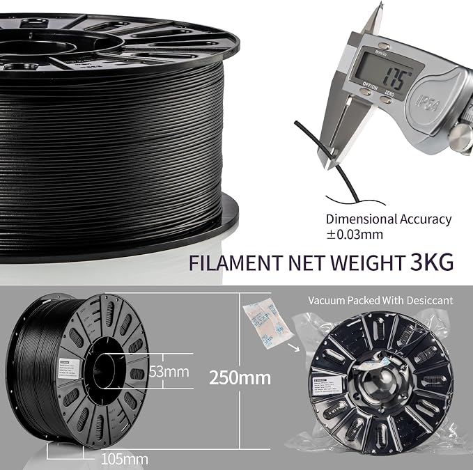 TINMORRY Carbon Fiber PETG Filament 1.75 mm, High Rigidity & Strength PETG CF 3D Printer Filament, Compatible with Most FDM 3D Printers, 3 KG 1 Spool, Black