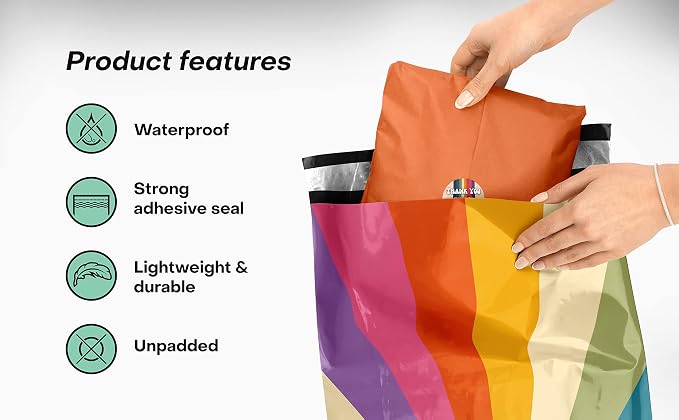 Package Mint 10x13 Poly Mailers - 100 Pack Retro Rainbow Design Poly Mailer Shipping Bags - Waterproof, Tear-Resistant, Self-Sealing Adhesive - Durable Decorative Mailing Bags for Clothes, Accessories
