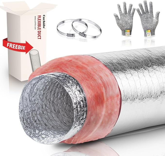 8 Inch Insulated Flexible Duct, 25 Feet Long, R6.0 Insulation, Aluminum Hose, for HVAC Flex Ductwork