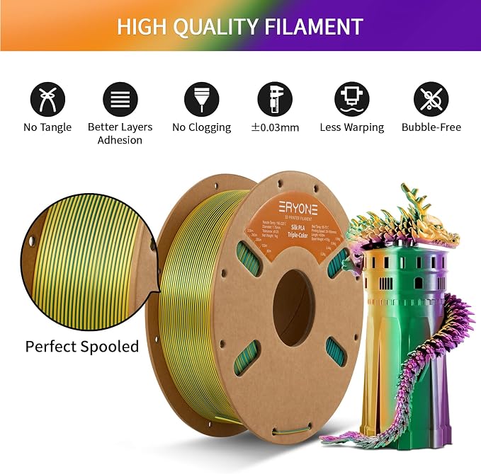ERYONE Silk Tri Color PLA Filament 3D Printer 1.75mm +/- 0.03mm, Multicolor Filament Tricolor PLA 1KG(2.2lbs) Cardboard Spool, Green Purple Yellow
