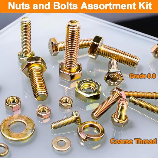 1460PCS Nuts and Bolts Assortment Kit - M4 M5 M6 M8 Grade 8.8 Bolts with Nuts & Washers - Heavy Duty Hex Head Bolts Assortment for Automotive Repair, Machinery, Furniture - Zinc Plated