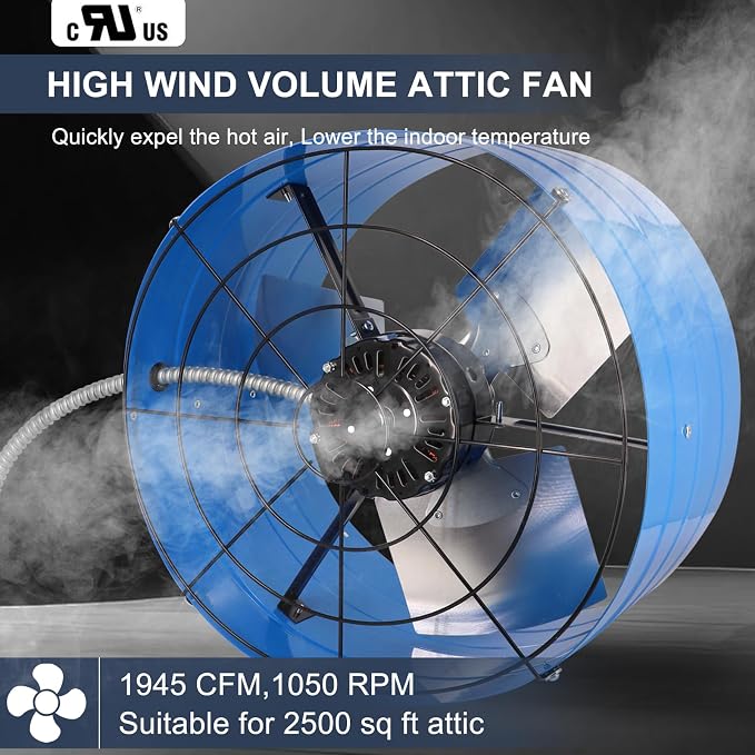 Criditpid 16 Inch Gable Mount Vent Attic Fan, Exhaust Ventilation Fan with Adjustable Thermostat for Gable, Home, Shed, Garage, Portable Building, 4A, 1050RPM, 1945CFM, Blue.