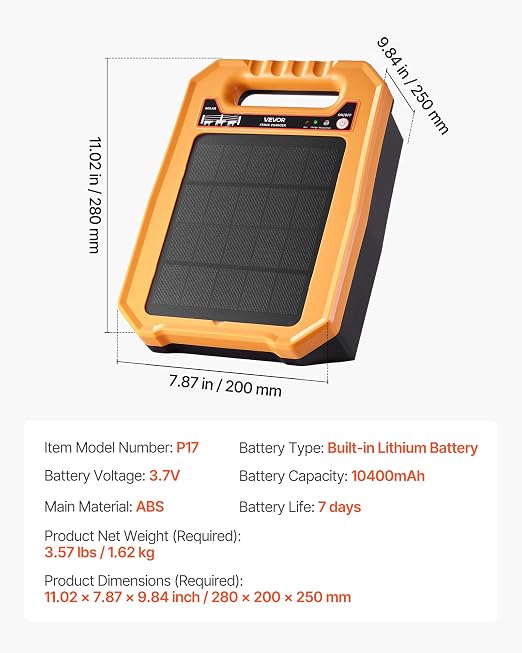 VEVOR Solar Fence Charger, 0.3J 8 kV Solar Powered Fence Charger, Weather-Resistant Electric Fence Energizer Kit, 7 Days Runtime, for Livestock, Poultry, Garden Protection