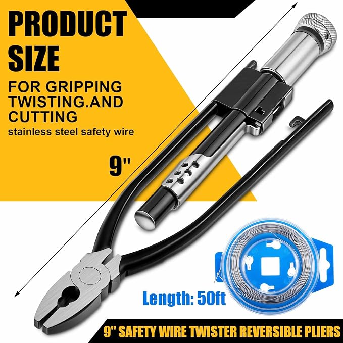 Reversible Safety Wire Twister Pliers with 50ft 0.032 Inch Steel Wire Left and Right Twists Aircraft Twisting Tool Automatic Metal Lock Twister for Aircraft Auto Industry(9 Inch)