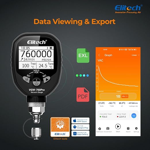 Elitech Full-Range Micron Gauge, 0-760000 Micron, Wireless Digital Vacuum Gauge with Adaptor Pressure Tester Meter HVAC, Alarms via APP, Offline Recording, 1/4" SAE, VGW-760Pro