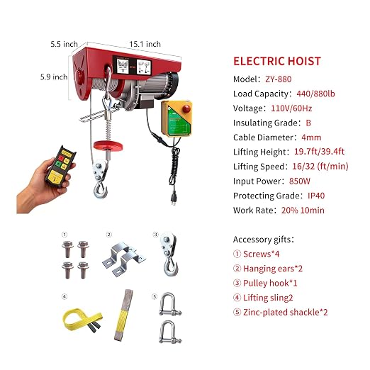 Electric Hoist, 880 lbs Electric Winch with Wireless Remote Control, 110v Electric Hoist with Remote Control, 40ft/20ft Lifting Height Motor, for Garage Warehouse Factory