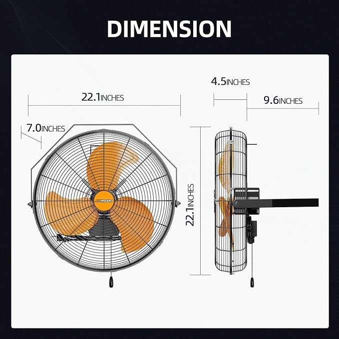 18 inch Industrial Wall-Mount Fan, 4250 CFM High Velocity Metal Commercial Fan, 3 Speed, Adjustable Tilt, for Garage, Greenhouse, Covered Patio, Workshop, Gym Room, Basement