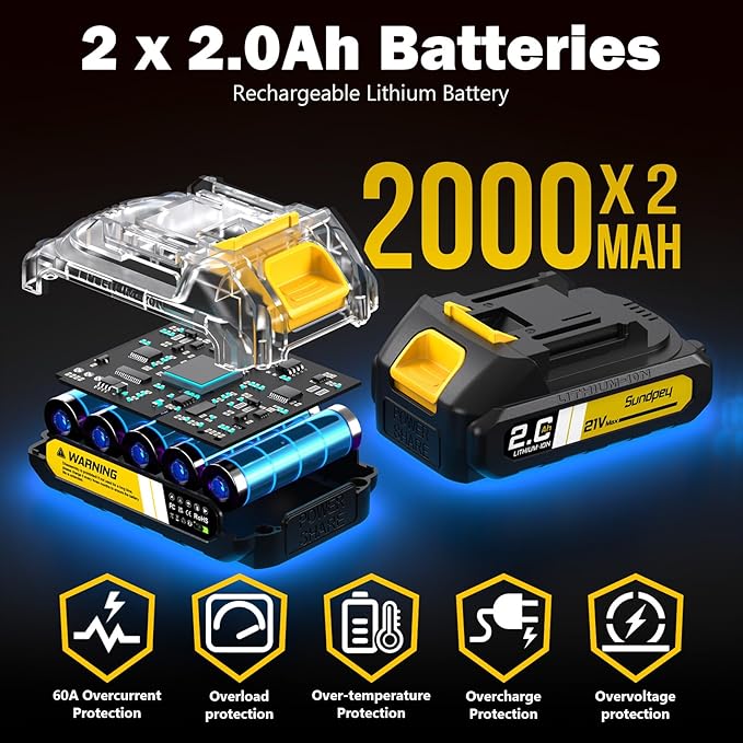 Sundpey Cordless Power Drill Set - 620in-lbs 3/8" Metal Chuck Electric Drill w/Brushless Motor & 23+3 Torque Settings & 2 Battery & LED Light - Drills Driver for Home DIY Woodworking Bricks Drilling