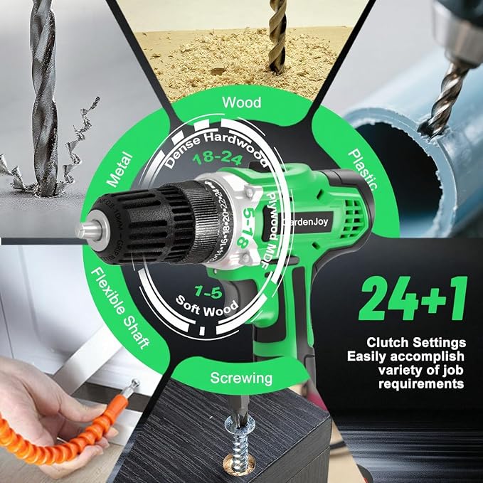 GardenJoy 20v Cordless Drill Set, Power Electric Kit 2 Batteries With Charger 30Nm 2-Speed 3/8" Keyless Chuck 24+1 Torque Drill Driver screwdriver Bits with LED Electric Work Light for DIY