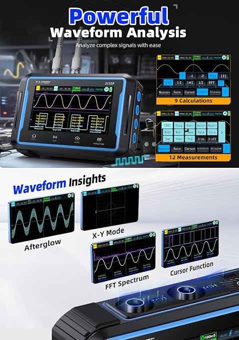 【FNRSI 2C53P Plus Upgraded with Carrying CASE】 3in1 Oscilloscope/Multimeter/DDS Signal Generator Tablet Touch Screen Portable Digital Automotive Oscilloscope 2 Channel 50MHz Bandwidth 250Ms/S Counts