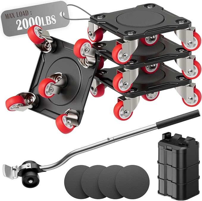 Heavy Duty Furniture Movers with 5-Wheel Dollies, Furniture Dolly Set with Lifter & Base, 360° Swivel Casters, Non-Slip Pads, Up to 2000 lbs Load Capacity
