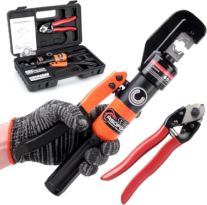 Hydraulic Crimping Tool, Hydraulic Hand Crimper Tool & Cable Cutter Kit | Compatible with 1/16" to 3/16" Stainless Steel Cable | Includes 9 Dies for 12 AWG to 2/0 Gauge Wires