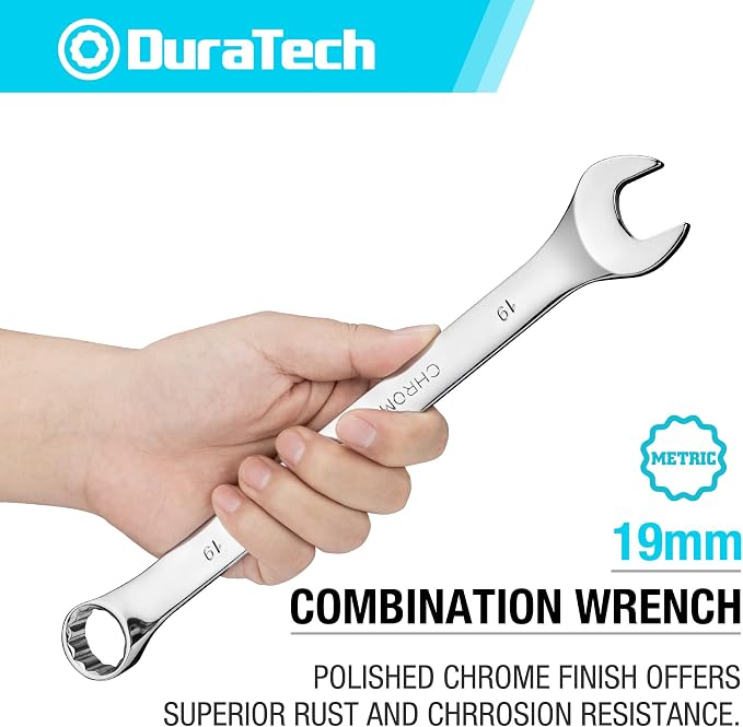 DURATECH 19mm Combination Wrench, Metric, CR-V Constructed with Mirror Polish, 12-Point, 15-Degree Offset