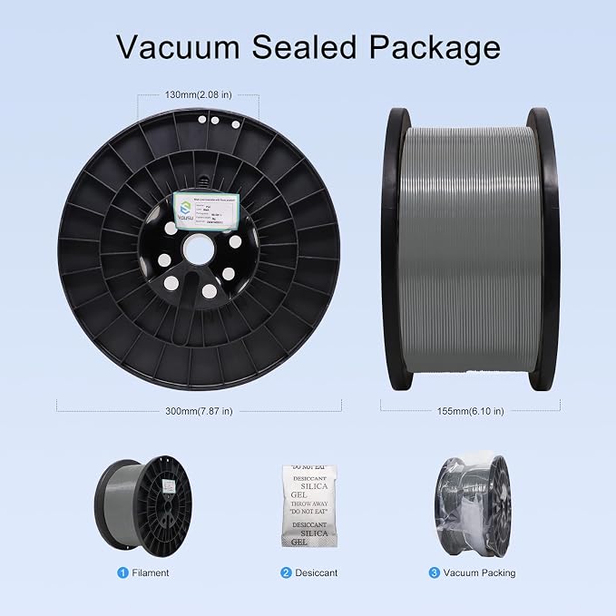 YOUSU PLA 5kg 3D Printer Filament Bundle 1.75mm, Print with Most FDM 3D Printers, 11lbs, 1 Pack 5kg Large Spool, Accuracy +/- 0.02mm, Grey
