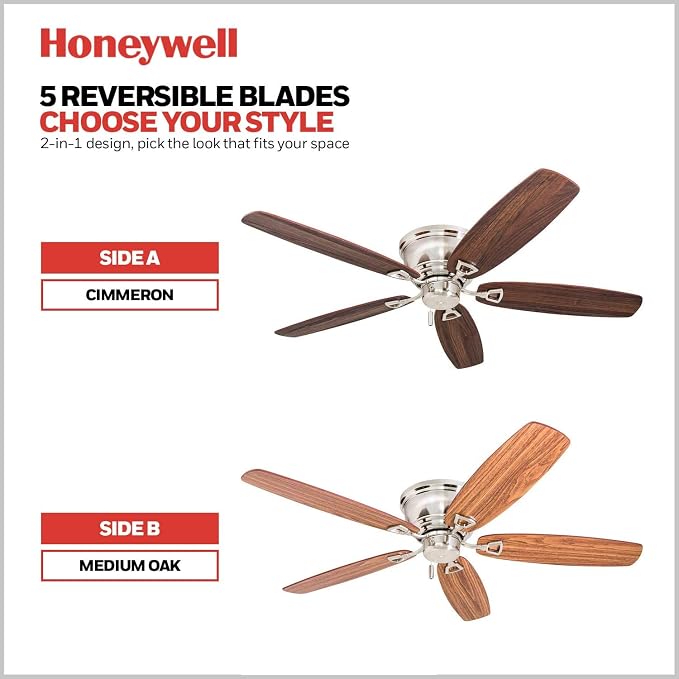 Honeywell Glen Alden 52 Inch Indoor LED Ceiling Fan with No Light, Pull Chain Control, 5 Dual-Finish Blades, Quiet Reversible Motor, Brushed Nickel