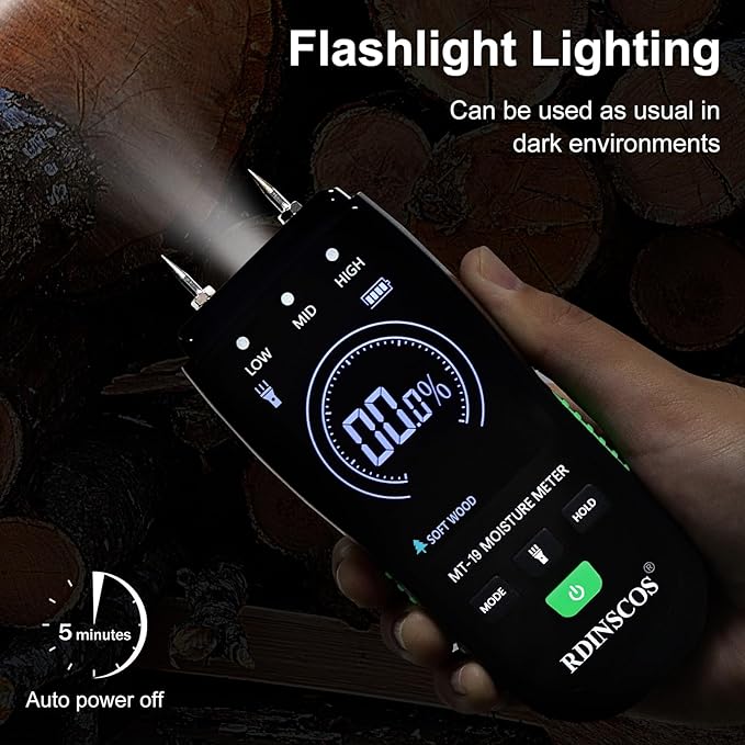 RDINSCOS Digital Moisture Meter Pin-Type Wood Moisture Detector | For Firewood, Lumber, Woodworking, Auto Alarm,Replaceable Pins, Built-in Flashlight, Home Inspection & Water Damage
