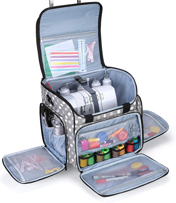 LUXJA Serger Case with Detachable Dolly, Bag with Removable Padding Pad (Fit for Most Standard Machines), Gray Dots