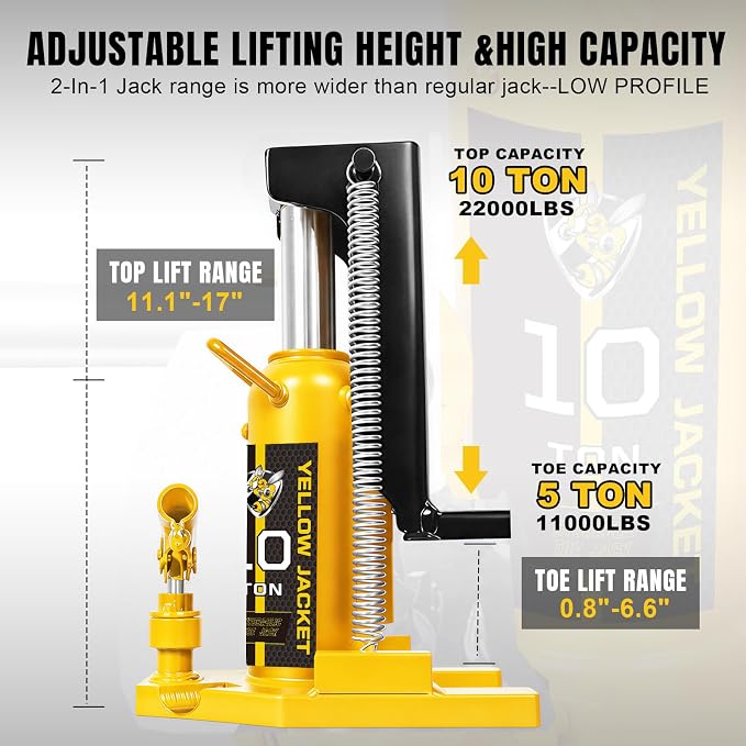 YELLOW JACKET Toe Jack 5 Ton Toe/ 10 Ton Top Capacity Hydraulic Machine Jack Lift,Air Hydraulic Claw Jack for Car Repair,Machinery,Industry Equipment
