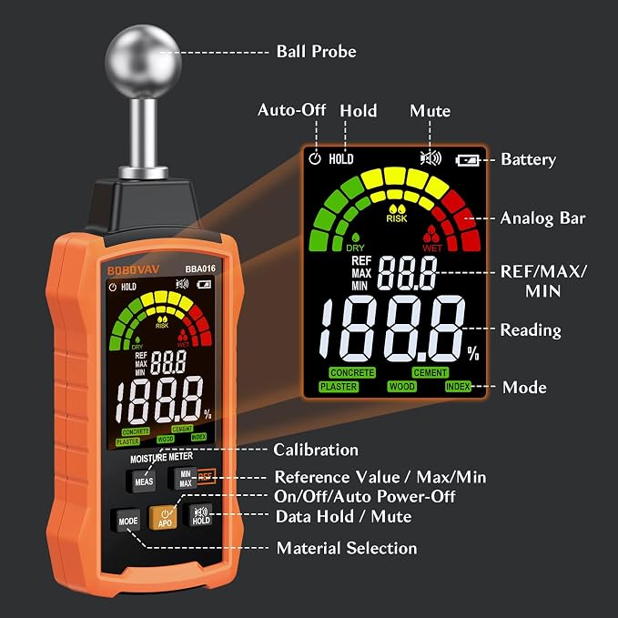 Moisture Meter with Ball Probe, 5–40mm Detection, 5 Modes, 3-Color Display with Sound Alarm, REF Function & Data Hold – Pinless Moisture Meter for Wood, Walls, Floors, Concrete & Cement