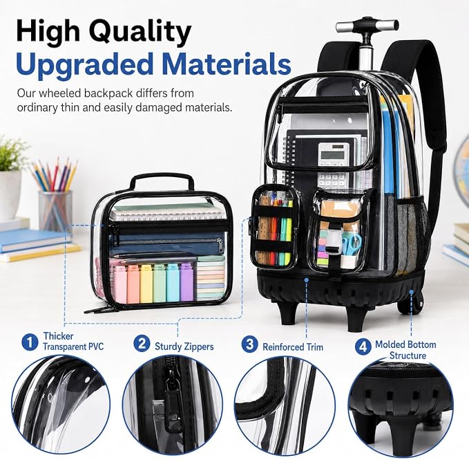 CCJPX 3Pcs Clear Rolling Backpack for Girls Women, Heavy Duty PVC Transparent Wheeled Bookbag, See Through School Bags with Wheels for Teens Elementary Travel - Black