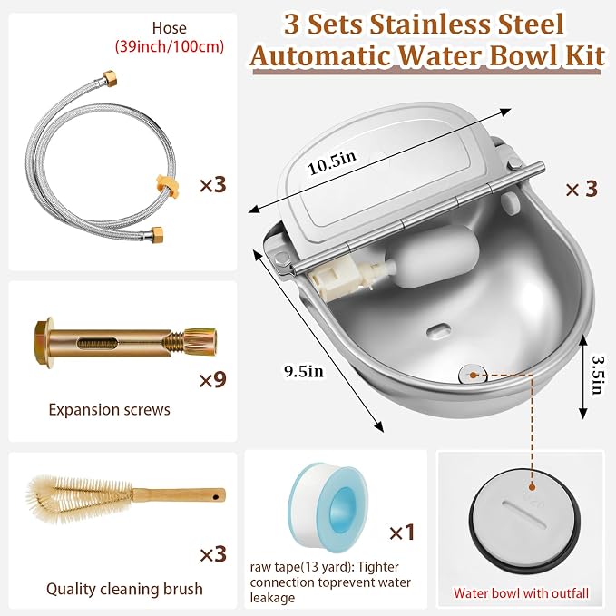 Tessco for you 3 Sets 4L/135oz Automatic Animal Water Bowl with Float Valve Stainless Steel Drinking Trough for Animals Livestock Horse Waterer Kits Includes Hose Connectors, Countersunk Bolts(Silver)