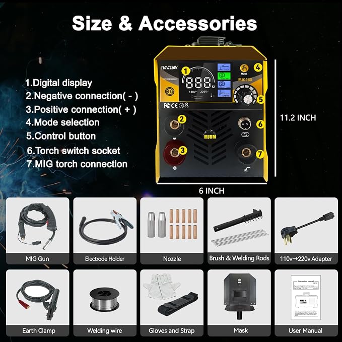 MIG Welder Portable Welding Machine: 160A 110V/220V Dual Voltage 3-in-1 Flux Core Mig/Stick/Lift TIG Welding Set for Beginner - Indoor Outdoor Welders with IGBT Inverter Synergic Control LED Digital