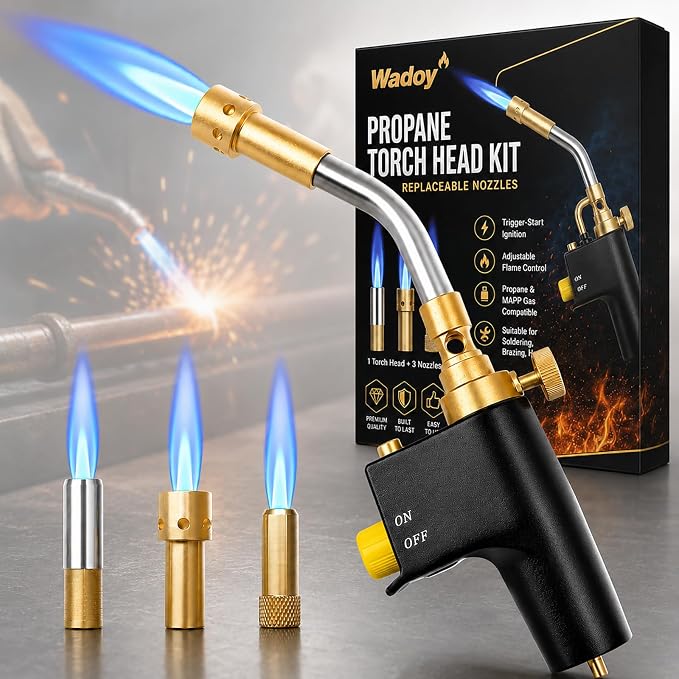 Wadoy Propane Torch Head Kit with 3 Nozzles, High Intensity Trigger-Start Soldering Torch Compatible with Bernzomaticc MAPP Propane for Soldering, Brazing, Welding, Map Gas Torch Head TS8000