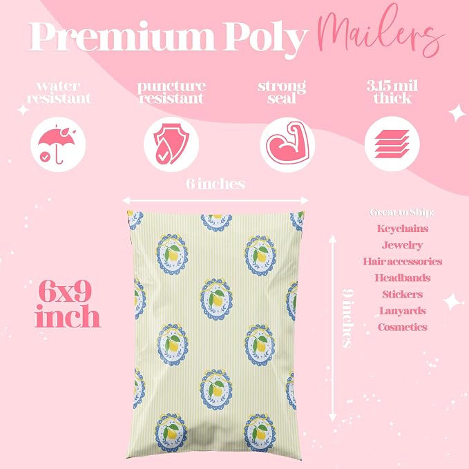 Pretty Package Store 6x9 Designer Poly Mailer 100 Pack Heavy Duty Waterproof Self Seal Shipping Bags for Small Business Large Mailing Envelopes Bulk Tear Resistant Packaging Yellow Summer Lemons
