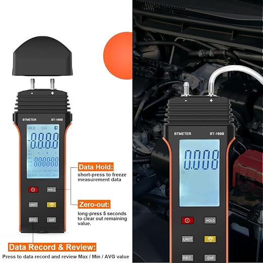 BTMETER BT-846A CFM Anemometer & BT-189B Dual-Port Manometer Kit – Air Flow Meter and Gas Pressure Tester Differential Pressure Gauge for HVAC System Inspection & Air Balancing