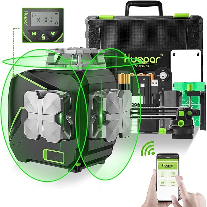 Huepar Laser Level 360 Self Leveling, S03CG 3x360° Green 3D Cross Line Laser with LCD Screen, Bluetooth Outdoor Pulse Mode, Remote Control, Rechargeable 12 Lines Laser Tool for Construction