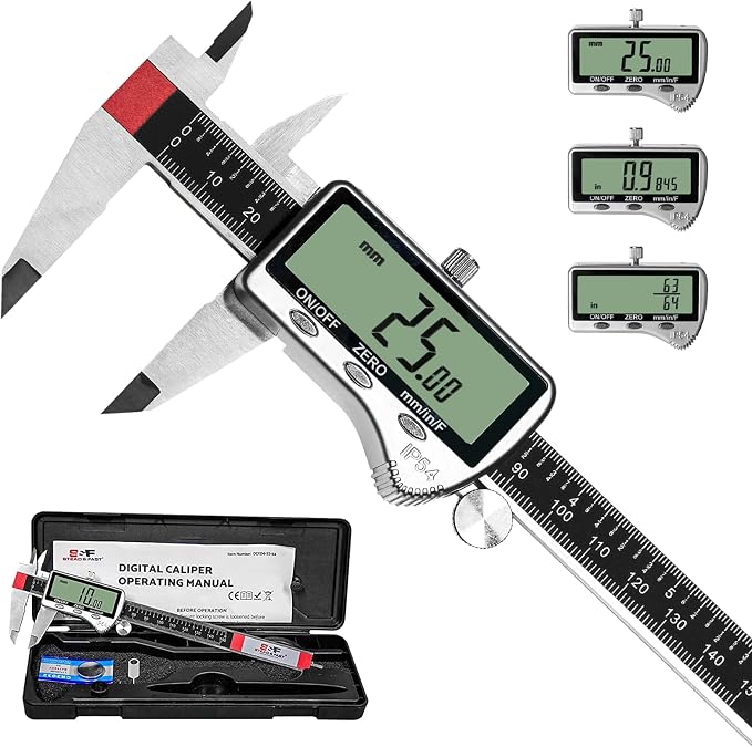 S&F STEAD & FAST Digital Caliper Measuring Tool 6 inch with Extra Large LCD Screen, Stainless Steel Micrometer Caliper Digital IP54, Measures Inch Mm Fraction for Workshop, 3D Printing