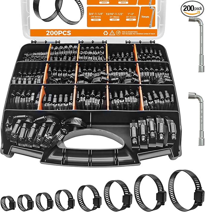Hose Clamp Assortment 200PCS DREXON 304 Stainless Steel Hose Clamp Kit Heavy Duty Adjustable 1/4"~2"(6~51mm) Worm Gear Hose Clamp for Automotive, Fuel Line, Pipe - Black