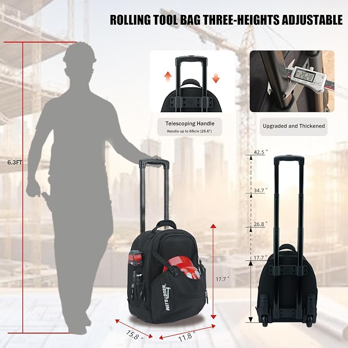 MELOTOUGH Rolling Tool Bag with Telescoping Handle 35 Pockets Wheeled Electrician Backpack Tool Bag For Men,Water Resistant Tool Storage Organizer Including Laptop Sleeve(BLK)