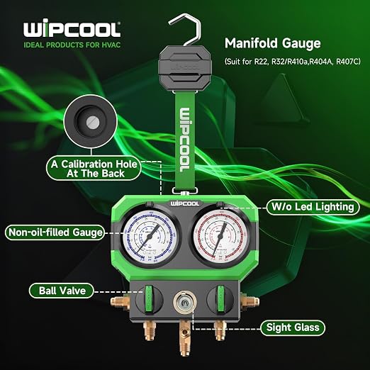 WIPCOOL Manifold Gauge for R22 R410A/R32 R404A R407C Air Conditioning Refrigerants, with Sight Glass 3 * 1/4" SAE Ports, Shockproof Integrated Design