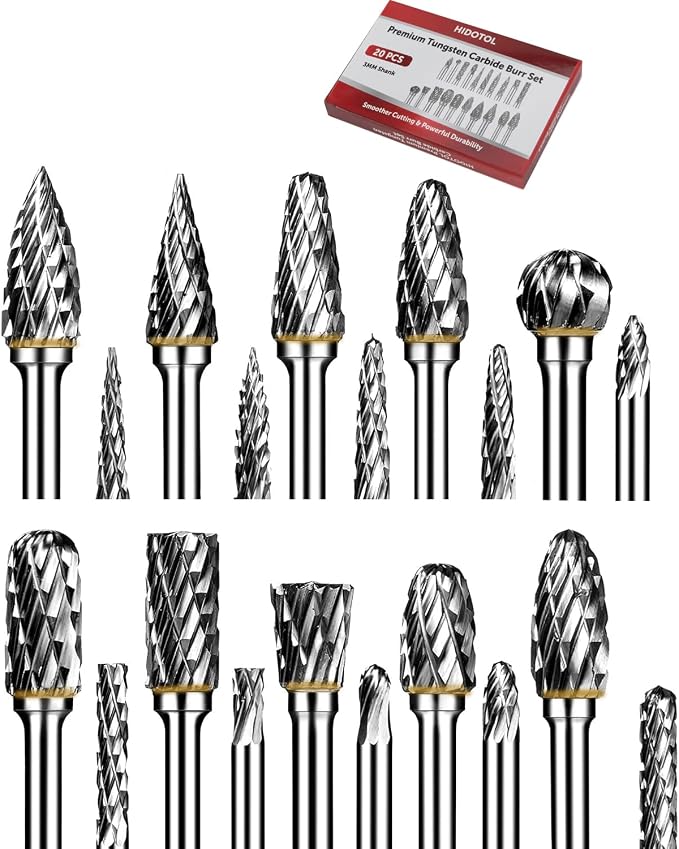 HIDOTOL Carbide Burr Set 20PC 1/8" Shank – 3mm Tungsten Double Cut Carbide Rotary Burr Set for Metal and Wood Carving, Grinding, Polishing, Engraving, Drilling.
