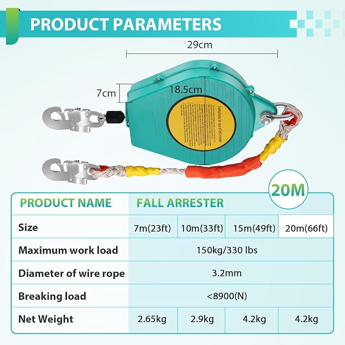 YJINGRUI 66ft/20m Self Retracting Lifeline, Heavy Duty 330lbs Retractable Safety Lanyard with Alloy Steel Hook & Aviation Wire Rope, Fall Arrest Fall Protection Device for Construction/Roof Work