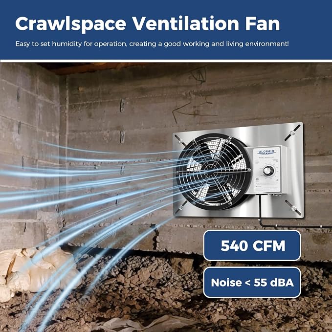 ALORAIR 540 CFM Stainless Steel Crawl Space Ventilation Fan with Humidistat Dehumidistat, IP55 Rated Crawlspace Vent Fan for Foundation Basements Garage Attic