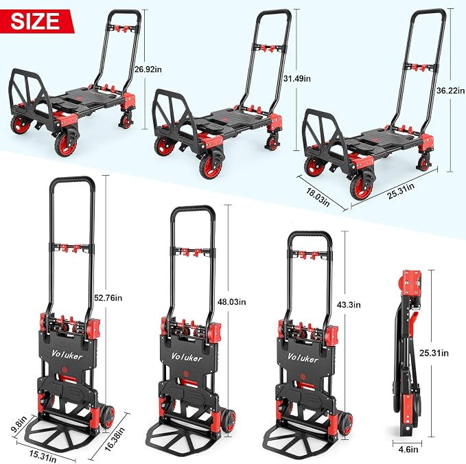 2-in-1Hand Trucks Dolly 330LB Foldable with Folding Basket, Folding Hand Trucks Heavy Duty Carrying, Combination of 4 Wheels and 2 Wheels Convertible Cart with Retractable Handle Dolly for Moving