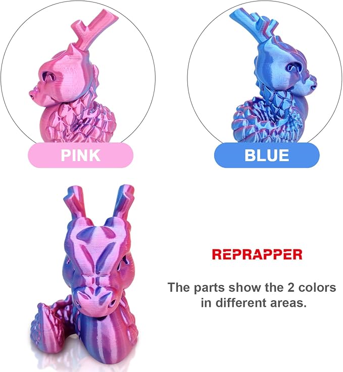 Reprapper Dual Color Filament Coextrusion PLA Filament 1.75mm for 3D Printer, Multicolor Like Rainbow PLA, 2.2lbs (1kg), Silk PLA Pink & Blue
