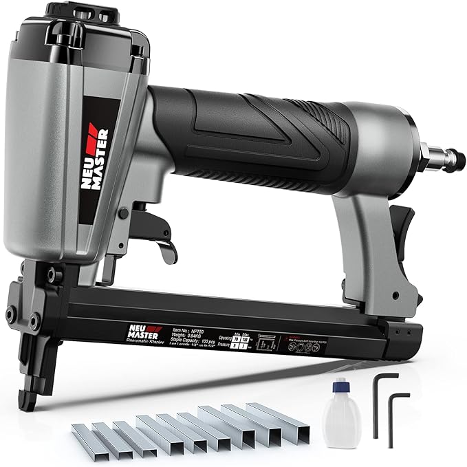NEU MASTER Pneumatic Staple Gun 20 Gauge, Air Powered Upholstery Stapler with 1500pcs Staples (1/4"–5/8"), Lightweight Stapler for Woodworking, Furniture, DIY & Home Improvement