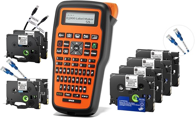 E1000 Heat Shrink Label Maker, 6PK 12mm 0.47 Heat Shrink Tube Tapes & 2PK Flexible ID Cable Tapes, Wire Label Maker Waterproof-Labels, Handheld Labeler for Industrial Electrical Use