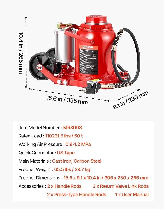 VEVOR Pneumatic Bottle Jack 50T Hydraulic Car Jack Lift Range 27-43cm Air Transmission Jack 110231lbs for Heavy Duty Vehicles