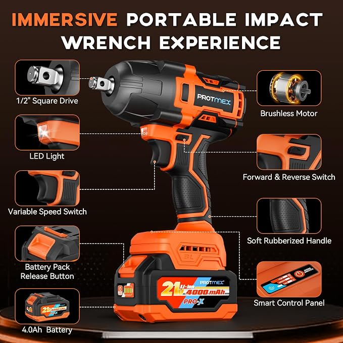 Protmex 900Ft-lbs (1200N.m) Impact Wrench, 1/2" Cordless Impact Driver, 21V High Torque Power Impact Gun - 2x4.0Ah Batteries, Variable Speeds Impact Motor for Pickup Truck/Family Car (Orange Red)