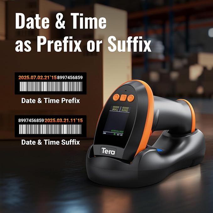 Tera Barcode Scanner Wireless with Screen: Pro Version 1D 2D QR with Setting Keypad Charging Cradle Works with Bluetooth 2.4G Wireless USB Wired Handheld Bar Code Reader HW0009