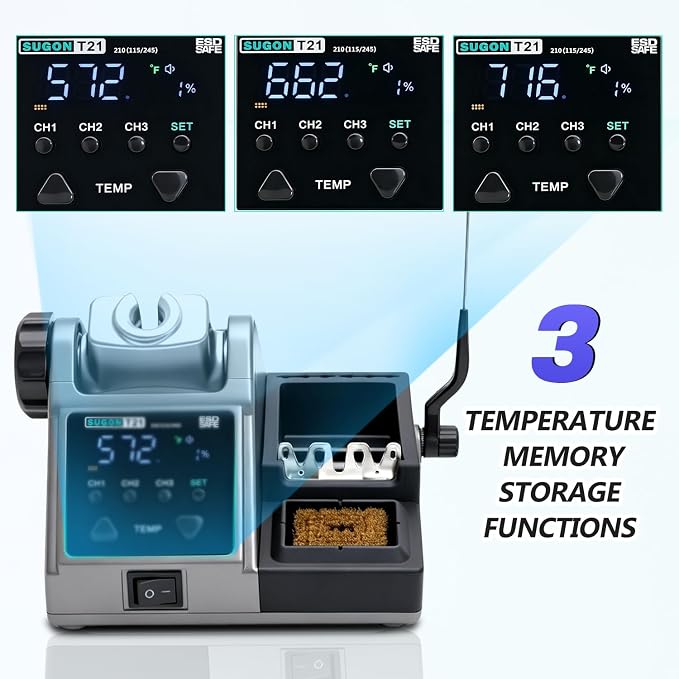 SUGON T21 Digital Soldering Iron Station 120w, Use 9 Soldering Iron Tip 3 Seconds Fast Heat up 716℉, 3 Temperature Memory Storage, 212℉-842℉, Auto Sleep, C / °F, Quick Change Soldering Tip Holder