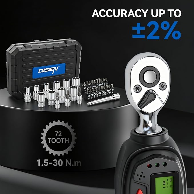 DISEN 1/4 inch Digital Torque Wrench Set with 13pcs Sockets & Extension Bar, 5-25 N.m / 3.7-18.4 Ft.lb, ±2% Accuracy, 3 Modes (Track/Peak/Pre), 5 Units, LED & Buzzer, for Auto Motorcycle Bike DIY
