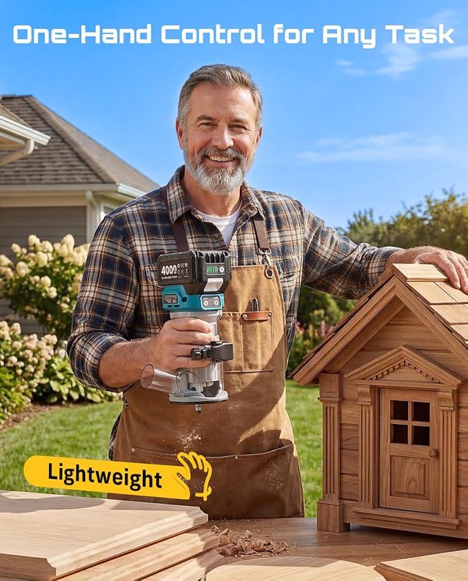 SEESII Cordless Wood Router, 21V Brushless Compact Palm Router with 2×4.0Ah Battery, Aluminum Base, LED Display, Dust Extraction, 6-Speed Adjustment & 8PCS 1/4"Router Bits, Trimmer for Woodworking
