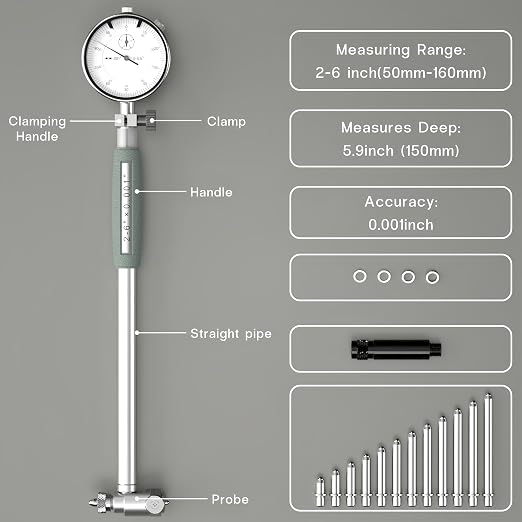 Dial Bore Gauge 2"-6" / 0.001", Engine Hole Cylinder Gauge Measuring Tool Set, Inside Micrometer Dial Indicator with Self-Centering Dial for Bore Measurement