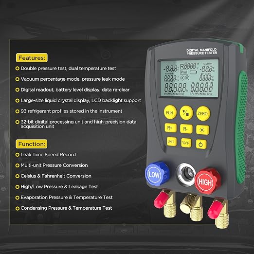 Digital HVAC Manifold Gauge Set,Refrigeration AC Gauges with Thermometer Clamps & Tricolor Hose, Dual Temp & Pressure Sensors for Vacuum & Leak Test,R134a R410a R32 R1234 Refrigerant Recharge Kit